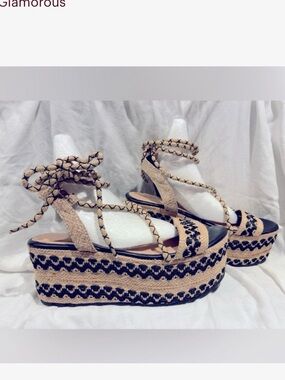 ASOS Glamorous Black Ankle Tie Stripped Espadrille Platform Sandals